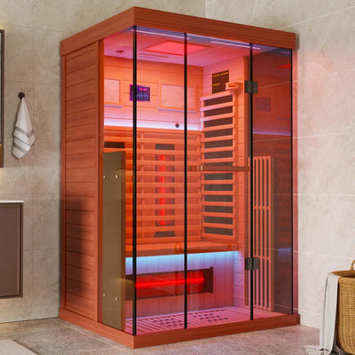 Full Spectrum Infrared Sauna,1-2 Person Home Sauna,Wooden Canadian Hemlock Indoor Spa Sauna with Resonance Speaker, Panoramic Tempered Glass Door