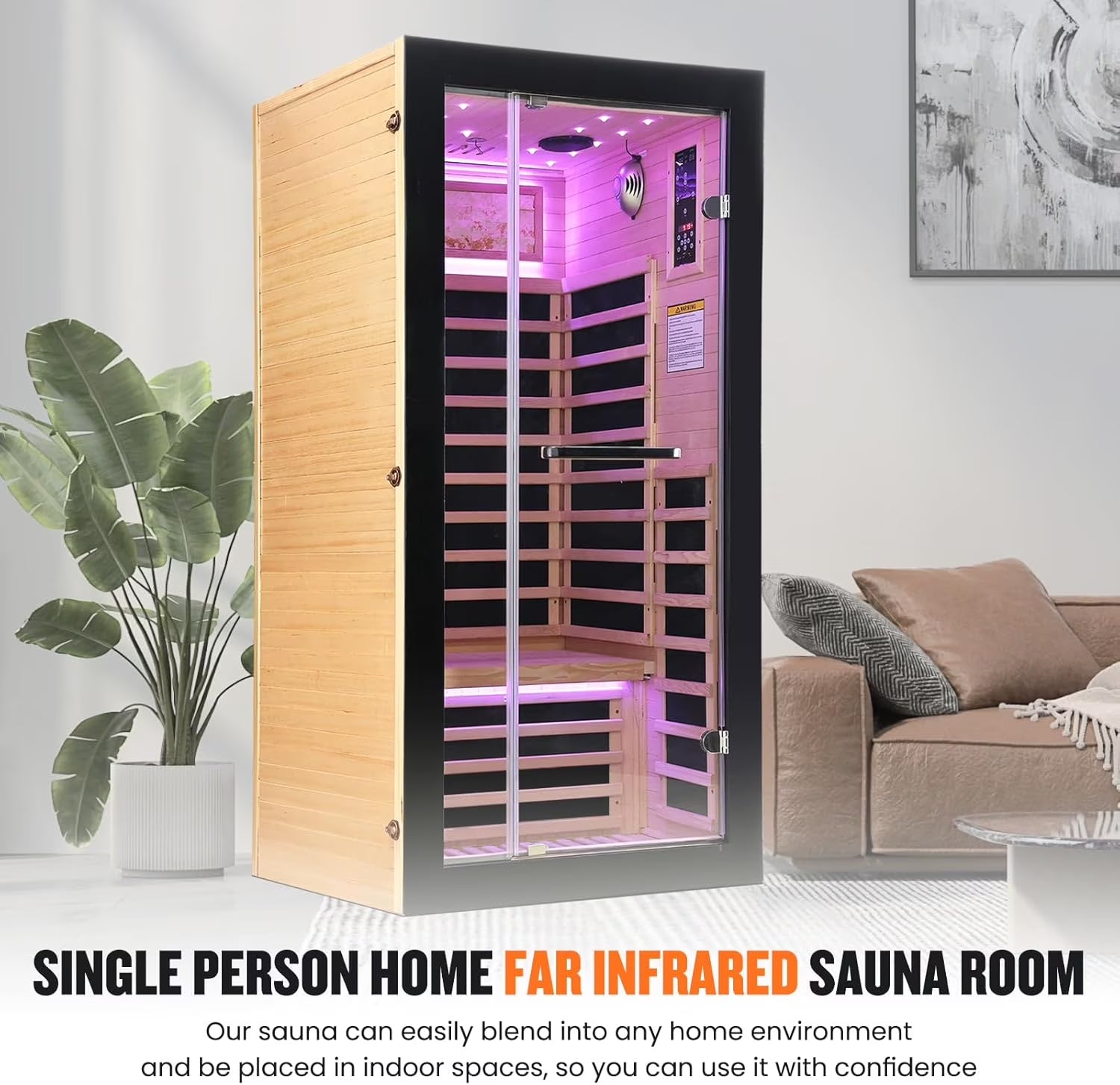 HOSUANA 1-Person 1450W Far Infrared Sauna, Canadian Hemlock Wood Indoor Steam Room with 7 Heaters, 35.5" X 35.5" X 70.9"