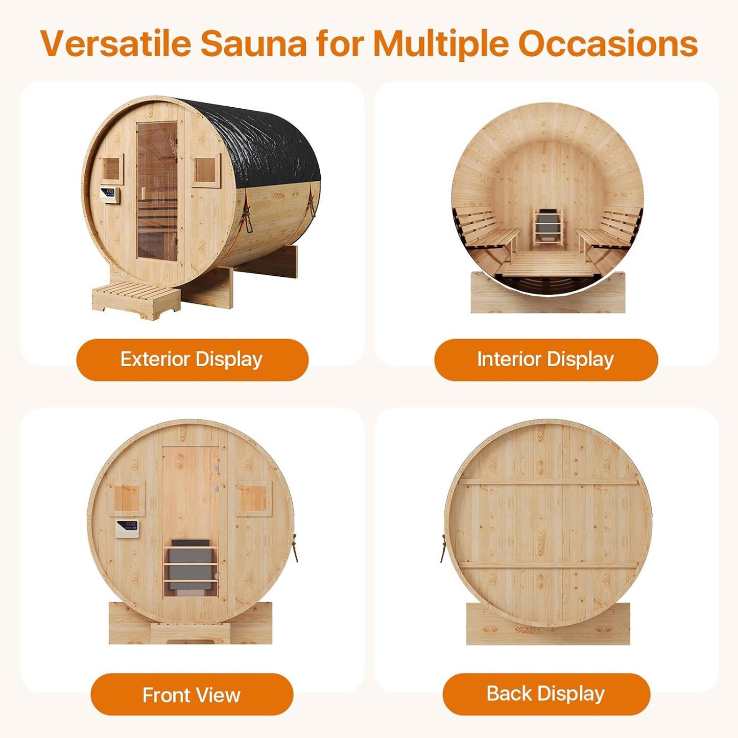 Outdoor Traditional Barrel Sauna | 4-6 Person Wood Sauna, Steam and Wet Sauna with 220V with 6KW Electric Heater, Sauna Stone