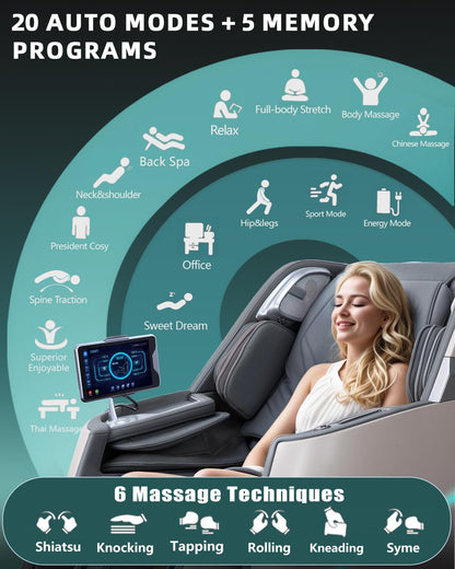 Massage Chair 4D Full Body Zero Gravity 55" Long Sl-Track,Grey | 20 Auto Modes,40 Airbags,Back Heat,Body Scan,Calf & Foot Roller,Hd Touchscreen,App Control,Bluetooth Speaker for Home Office