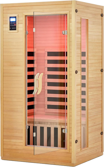 2024 Upgrade 1 to 2 Person Sauna, 6 Heating Plate Infrared Physical Therapy Wooden Dry Steam Sauna, Low EMF, MP3 Auxiliary Connection, Dual Controls inside and outside Fits, Home Spa Day Use
