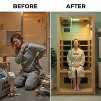 1 Person Extendable FAR Infrared Sauna for Home, Hemlock Wood Low EMF 6 Carbon Heaters Indoor Saunas with LED Lights, Bluetooth Speaker, Digital Control Panel, and Seating Bench — Before & After