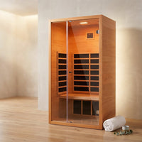 1 Person Extendable FAR Infrared Sauna for Home, Hemlock Wood Low EMF 6 Carbon Heaters Indoor Saunas with LED Lights, Bluetooth Speaker, Digital Control Panel, and Seating Bench — Studio Shot