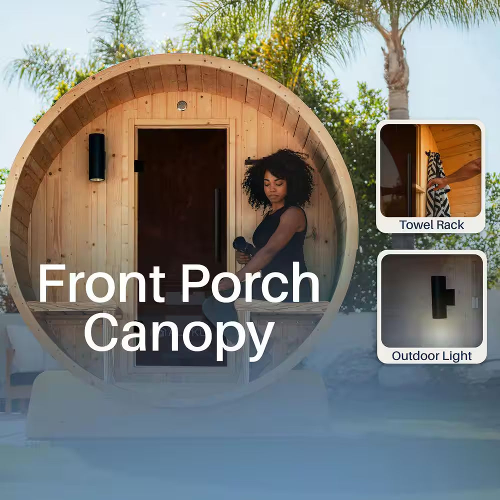 4-Person Electric Heater Outdoor Cedar Barrel Steam Sauna Front Porch Canopy - ETL Certified