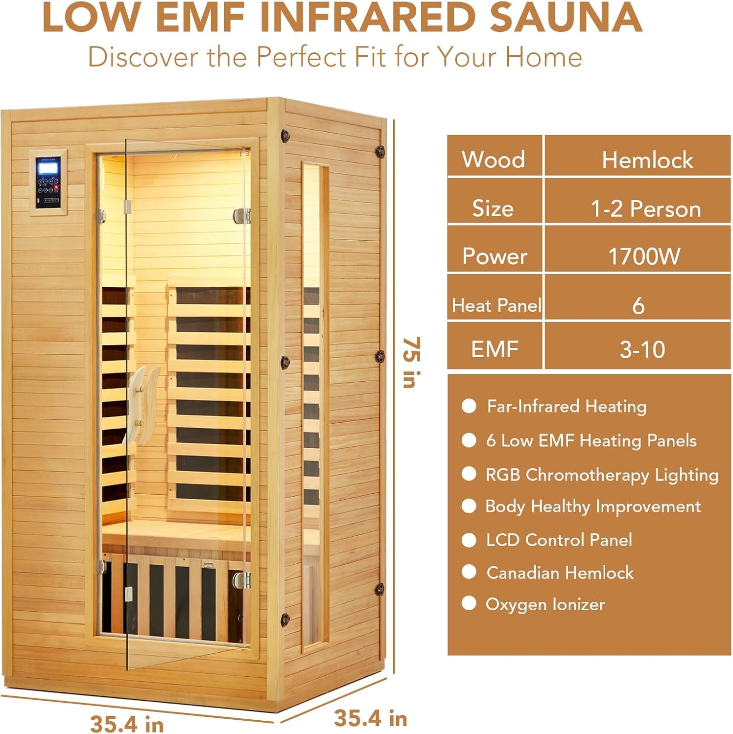 2024 Upgrade 1 to 2 Person Sauna, 6 Heating Plate Infrared Physical Therapy Wooden Dry Steam Sauna, Low EMF, MP3 Auxiliary Connection, Dual Controls inside and outside Fits, Home Spa Day Use