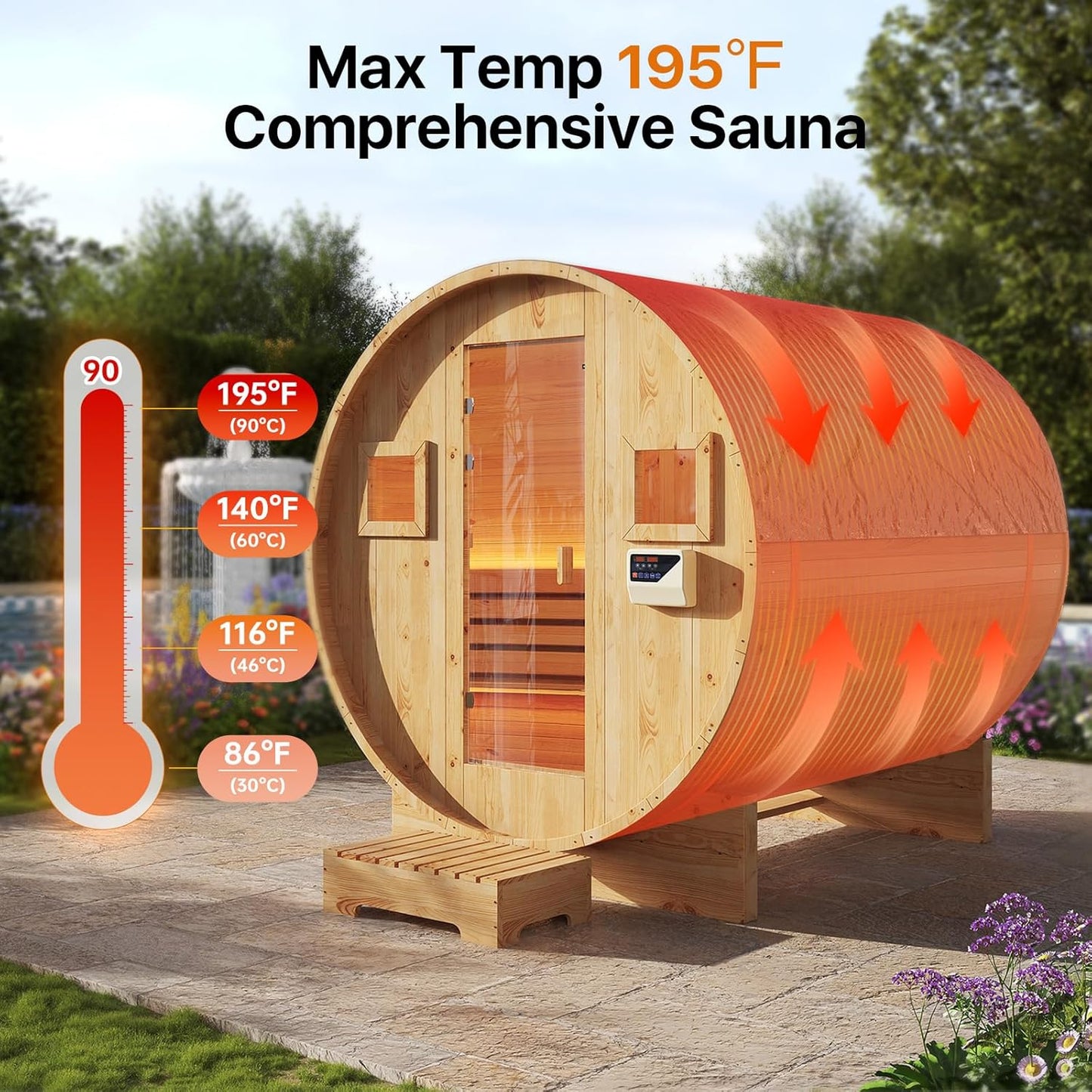 Outdoor Traditional Barrel Sauna | 4-6 Person Wood Sauna, Steam and Wet Sauna with 220V with 6KW Electric Heater, Sauna Stone