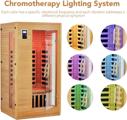 2024 Upgrade 1 to 2 Person Sauna, 6 Heating Plate Infrared Physical Therapy Wooden Dry Steam Sauna, Low EMF, MP3 Auxiliary Connection, Dual Controls inside and outside Fits, Home Spa Day Use