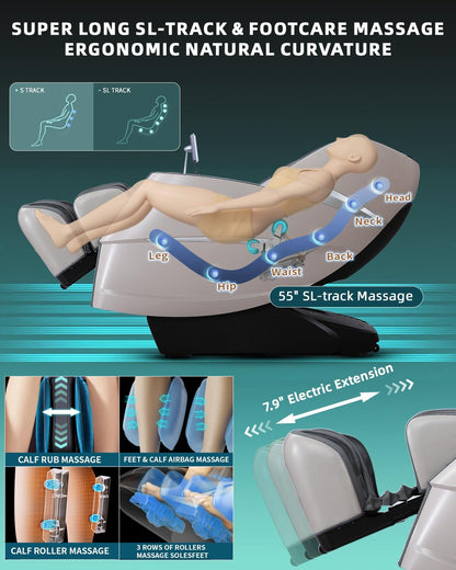 Massage Chair 4D Full Body Zero Gravity 55" Long Sl-Track,Grey | 20 Auto Modes,40 Airbags,Back Heat,Body Scan,Calf & Foot Roller,Hd Touchscreen,App Control,Bluetooth Speaker for Home Office