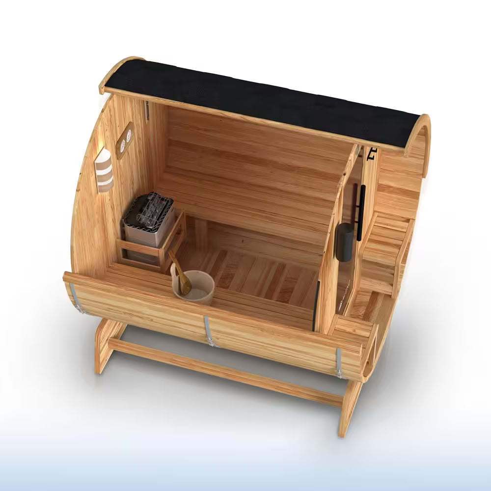 4-Person Electric Heater Outdoor Cedar Barrel Steam Sauna Front Porch Canopy - ETL Certified