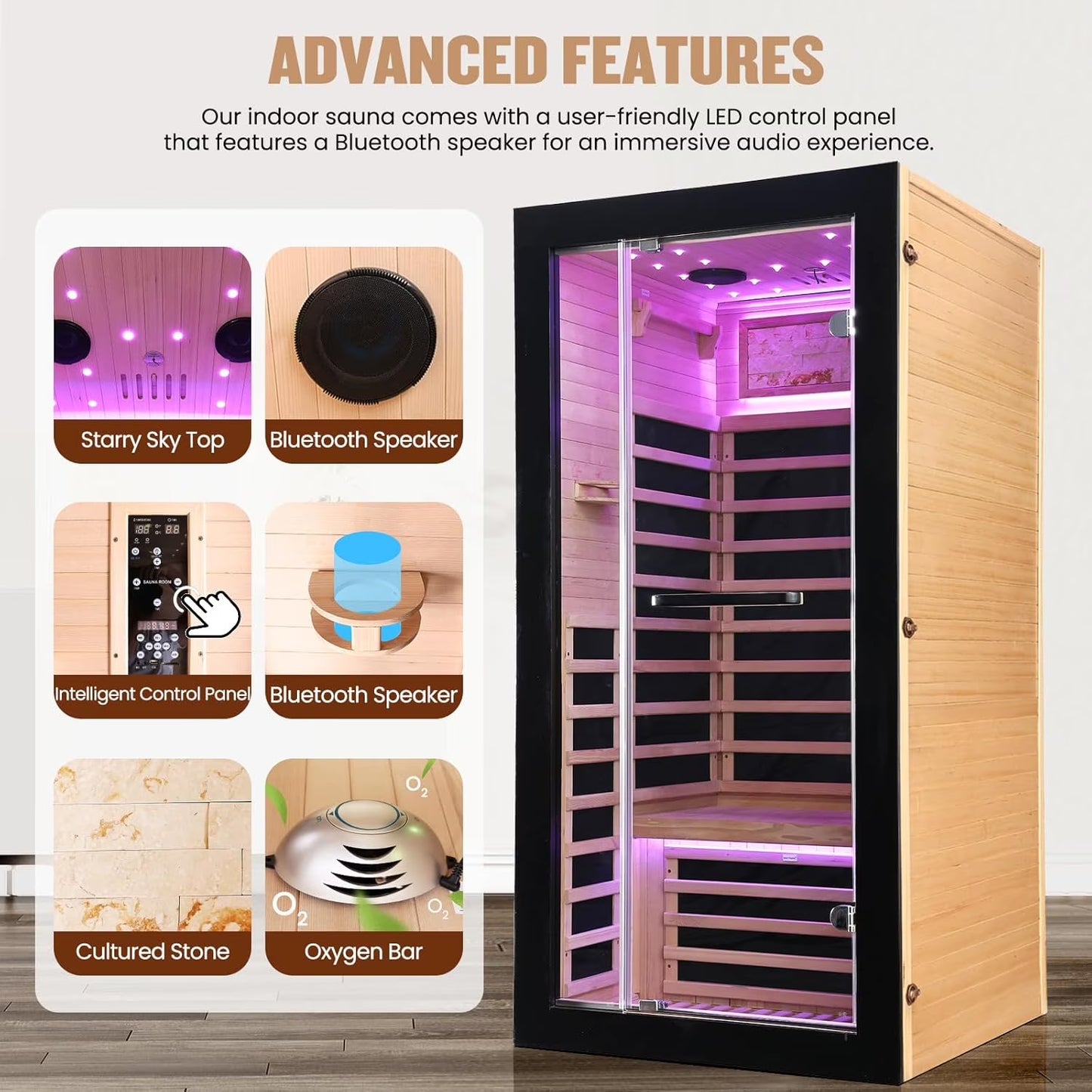 HOSUANA 1-Person 1450W Far Infrared Sauna, Canadian Hemlock Wood Indoor Steam Room with 7 Heaters, 35.5" X 35.5" X 70.9"
