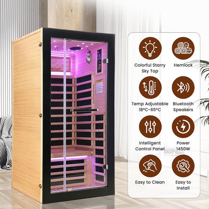 HOSUANA 1-Person 1450W Far Infrared Sauna, Canadian Hemlock Wood Indoor Steam Room with 7 Heaters, 35.5" X 35.5" X 70.9"