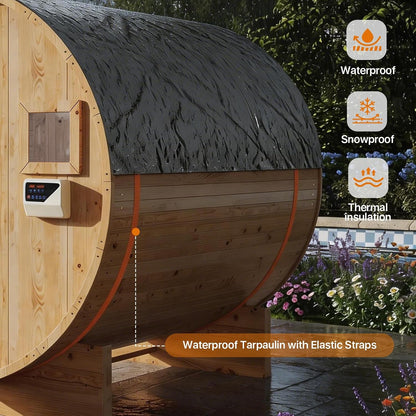 Outdoor Traditional Barrel Sauna | 4-6 Person Wood Sauna, Steam and Wet Sauna with 220V with 6KW Electric Heater, Sauna Stone