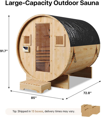 Outdoor Traditional Barrel Sauna | 4-6 Person Wood Sauna, Steam and Wet Sauna with 220V with 6KW Electric Heater, Sauna Stone