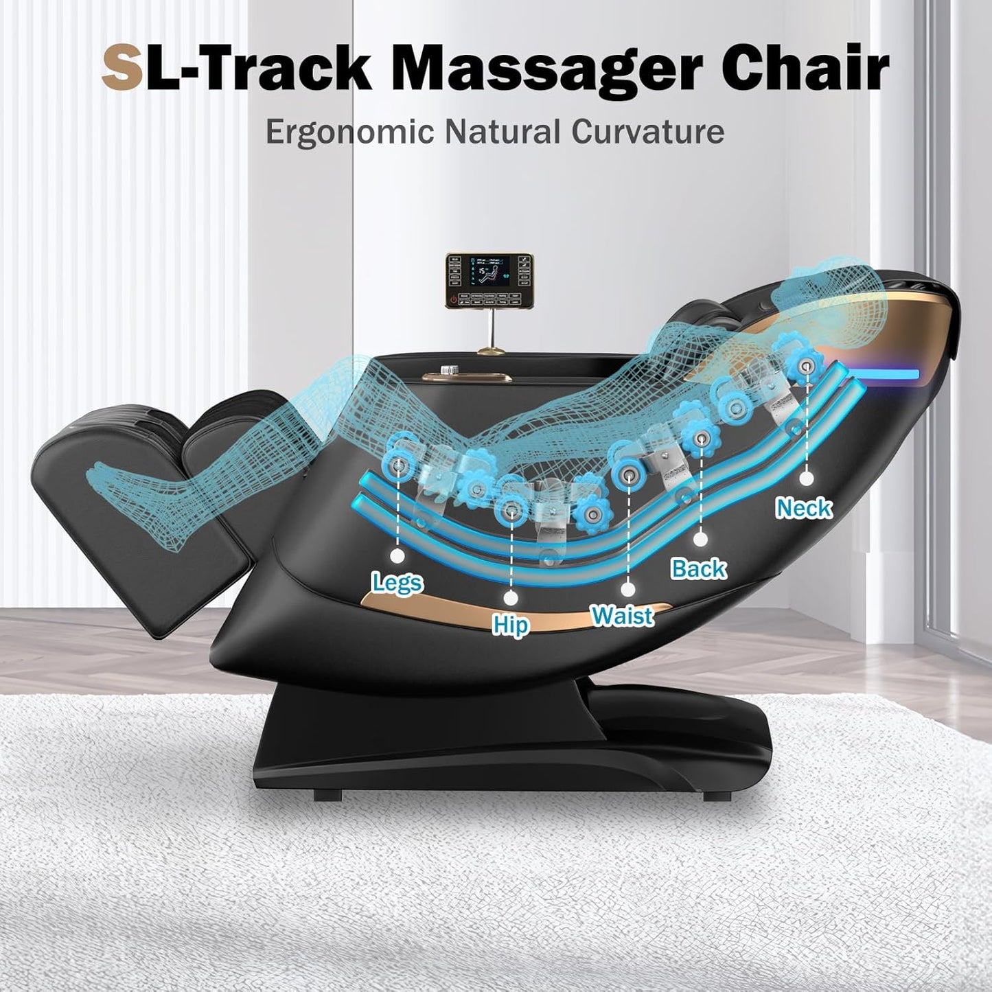 Massage Chair Full Body 53" Sl-Track Zero Gravity Shiatsu, Black | Full-Body Airbags, 5 Modes, 6 Techniques, Body Scan, Foot Roller, Armrest & Pad Dual Control, No Assembly, Lumbar & Calf Heat