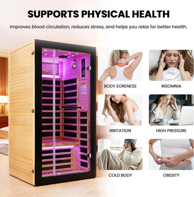 HOSUANA 1-Person 1450W Far Infrared Sauna, Canadian Hemlock Wood Indoor Steam Room with 7 Heaters, 35.5" X 35.5" X 70.9"