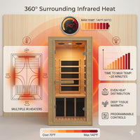 Home Sauna, 32.3"W X 27.2"D X 59"H Canadian Hemlock Wood Far Infrared, 1-Person Mini Home Sauna– 140°F Max, with Bluetooth, Digital Controller, Tempered Glass for Home Relaxation,Home Gym Gift