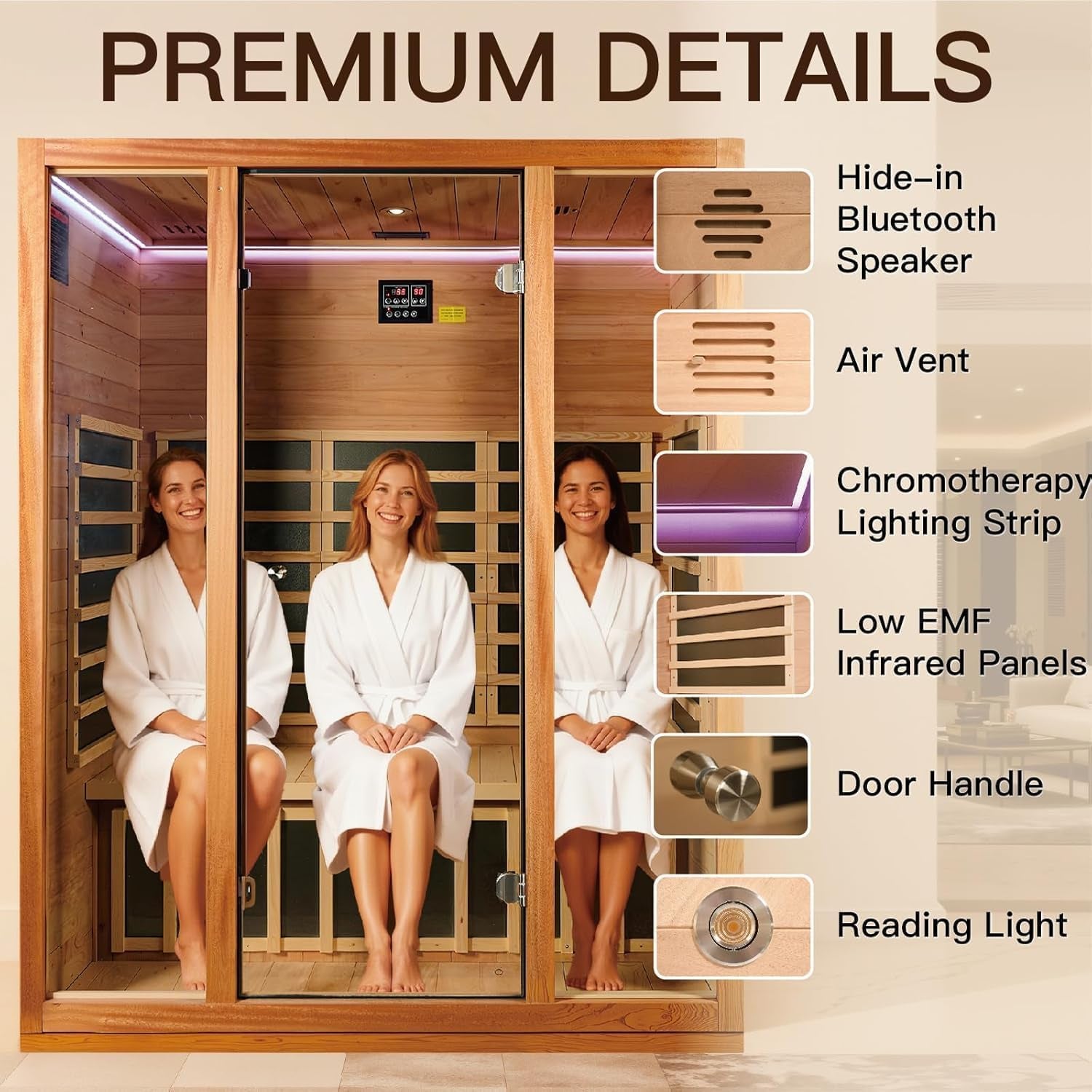 3 Person Far Infrared Sauna for Home, Hemlock Wood, Chromotherapy Lights | Low EMF Infrared Heating, HI-FI Speaker, Reading Light, Ventilation System, Designed for Apartment Wellness