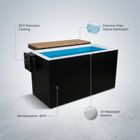Cold Plunge Tub Built for Home Recovery, 33F Cooling, Ozone Sanitation, Winterized to -20F, UV Resistant — infographic