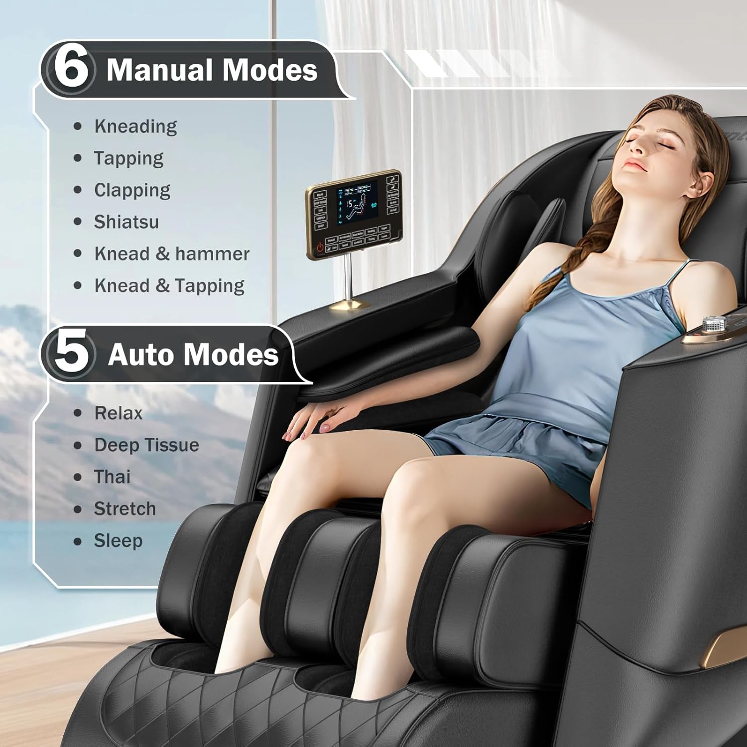 Massage Chair Full Body 53" Sl-Track Zero Gravity Shiatsu, Black | Full-Body Airbags, 5 Modes, 6 Techniques, Body Scan, Foot Roller, Armrest & Pad Dual Control, No Assembly, Lumbar & Calf Heat