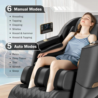 Massage Chair Full Body 53" Sl-Track Zero Gravity Shiatsu, Black | Full-Body Airbags, 5 Modes, 6 Techniques, Body Scan, Foot Roller, Armrest & Pad Dual Control, No Assembly, Lumbar & Calf Heat