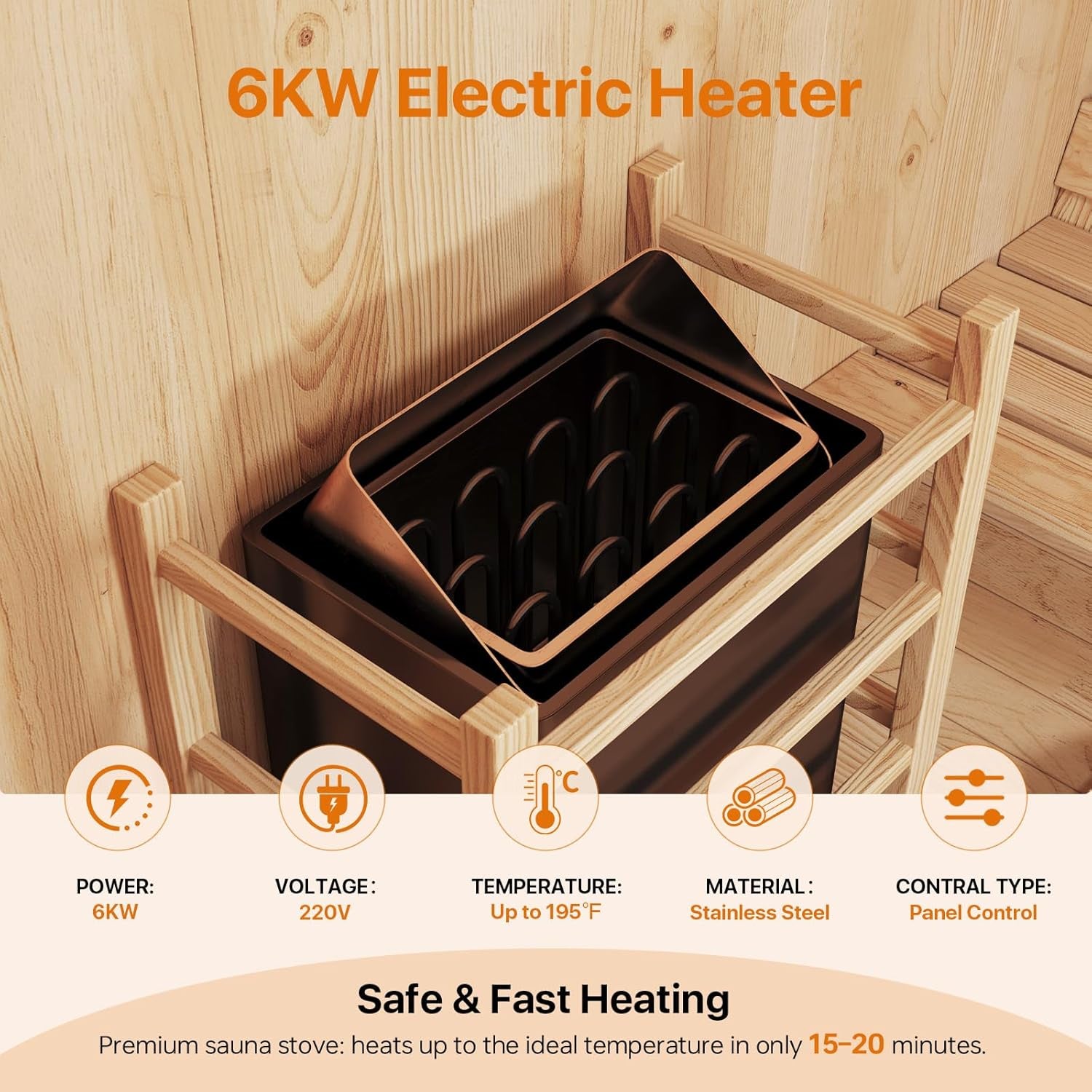 Outdoor Traditional Barrel Sauna | 4-6 Person Wood Sauna, Steam and Wet Sauna with 220V with 6KW Electric Heater, Sauna Stone