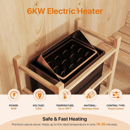 Outdoor Traditional Barrel Sauna | 4-6 Person Wood Sauna, Steam and Wet Sauna with 220V with 6KW Electric Heater, Sauna Stone