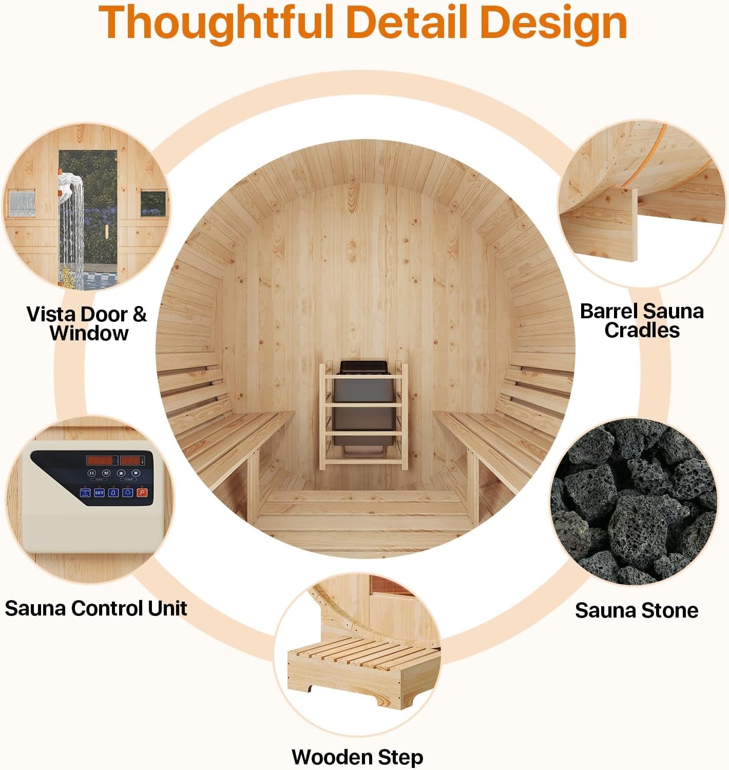 Outdoor Traditional Barrel Sauna | 4-6 Person Wood Sauna, Steam and Wet Sauna with 220V with 6KW Electric Heater, Sauna Stone