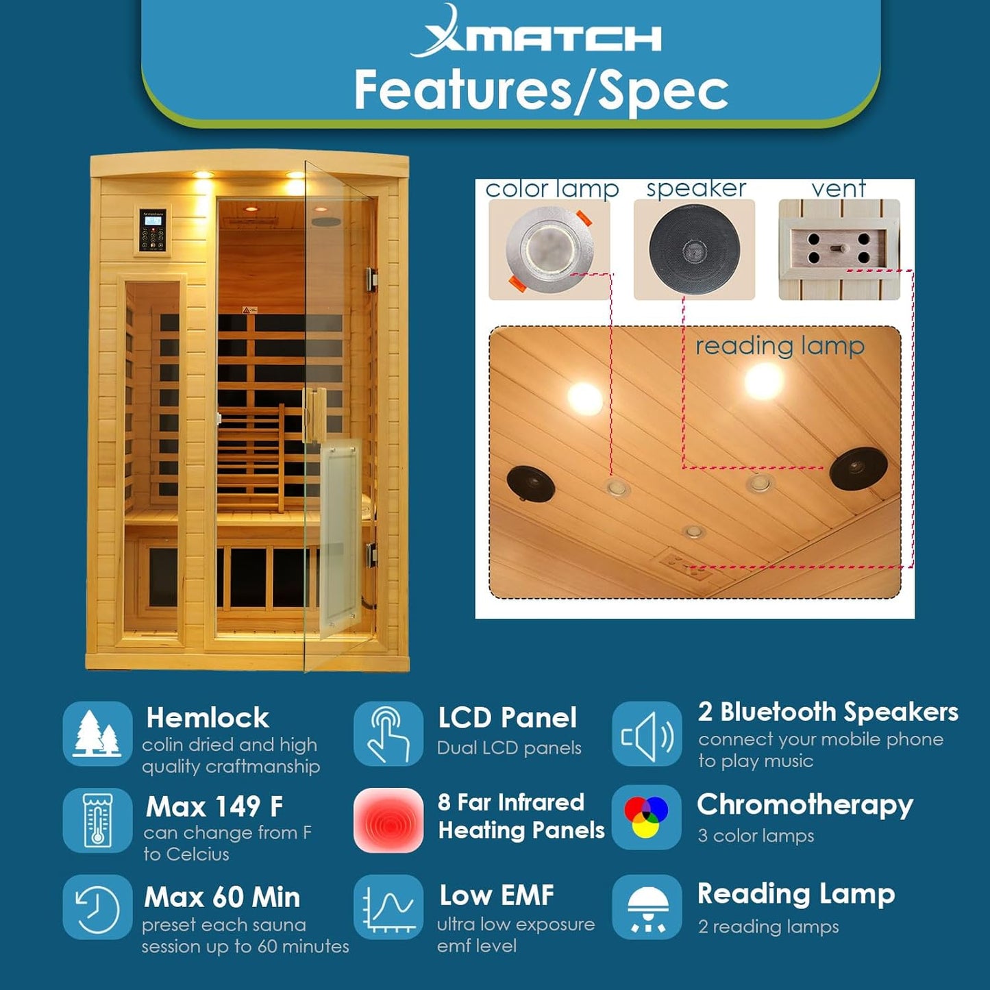 Saunas 902B Far Infrared Sauna, Indoor Wooden Dry Sauna Low EMF (Hemlock Wood, 2-Person plus Size 360 Envolved)