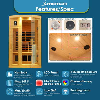 Saunas 902B Far Infrared Sauna, Indoor Wooden Dry Sauna Low EMF (Hemlock Wood, 2-Person plus Size 360 Envolved)