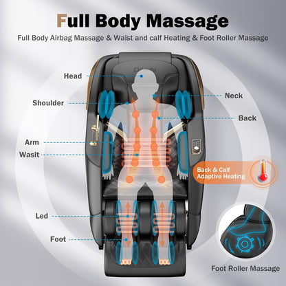 Massage Chair Full Body 53" Sl-Track Zero Gravity Shiatsu, Black | Full-Body Airbags, 5 Modes, 6 Techniques, Body Scan, Foot Roller, Armrest & Pad Dual Control, No Assembly, Lumbar & Calf Heat