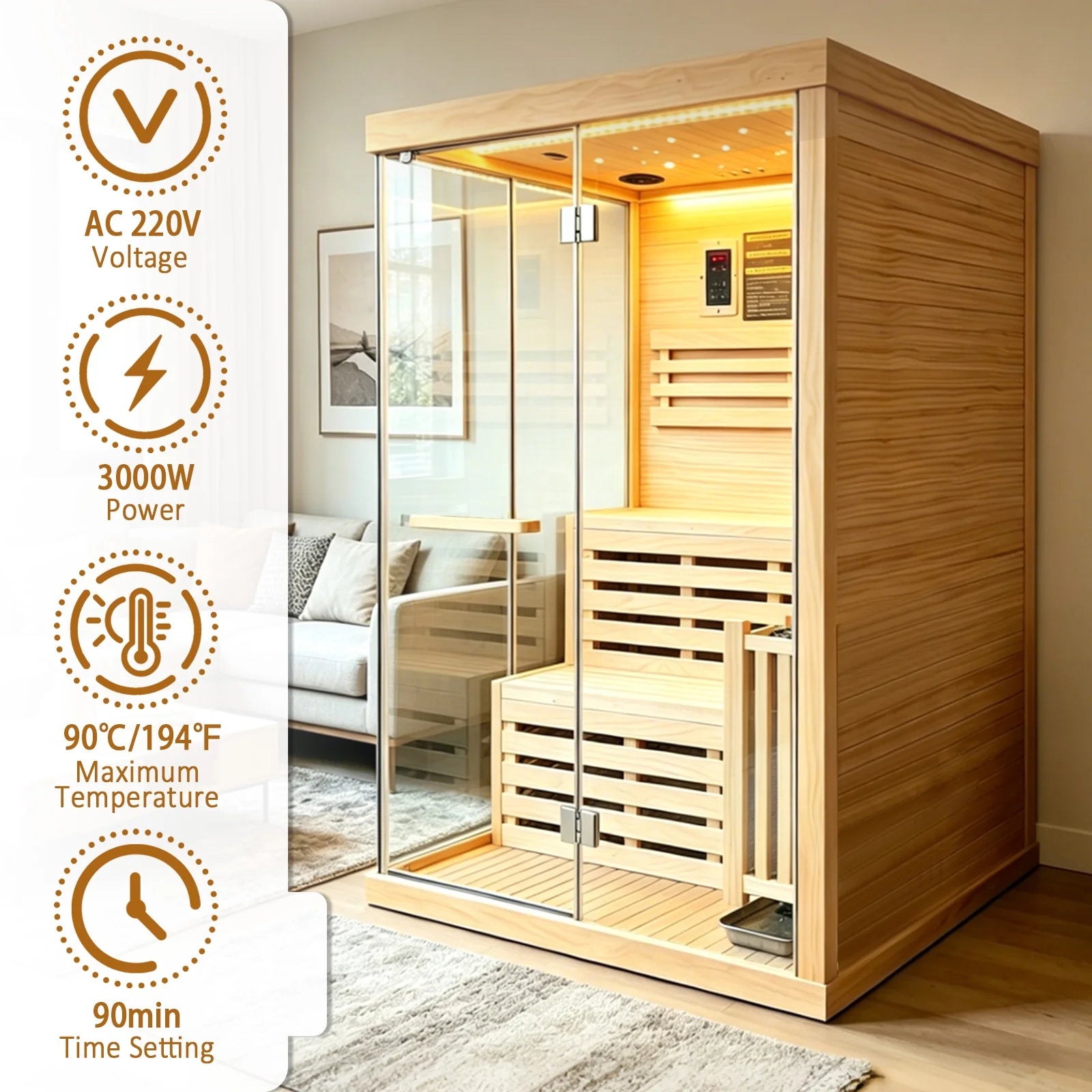 Traditional Steam Sauna,3000W 2-3 Person Indoor Sauna with LED Lights, Waterproof Speakers for Home,Living Room