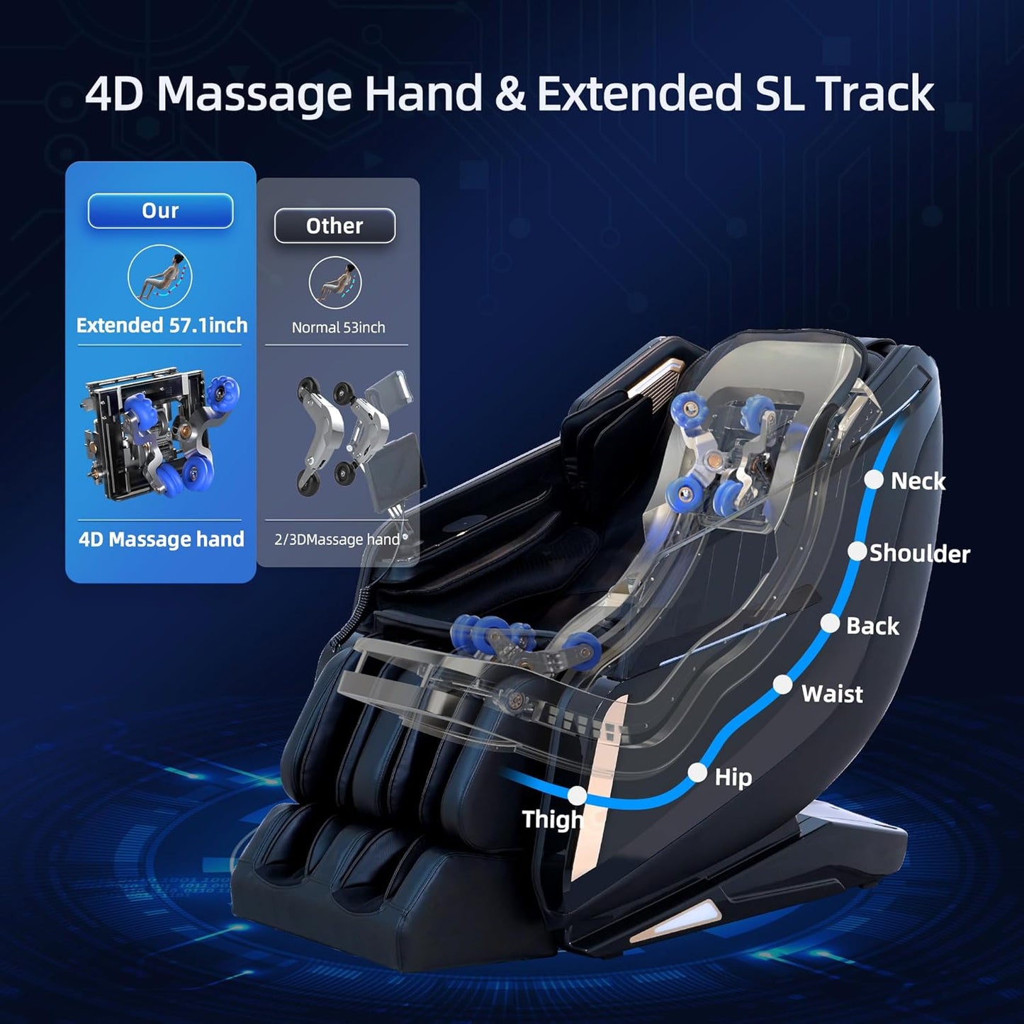 4D Massage Chair Full Body Extended Sl-Track Zero Gravity Shiatsu Recliner | 3 Zero-Gravity Angles,3-Zone Heat,Calf & Foot Rollers,Thai Stretch,10-Program+20-Technique,Ai Voice,Bluetooth,Wireless Charge