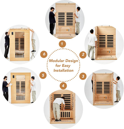 2024 Upgrade 1 to 2 Person Sauna, 6 Heating Plate Infrared Physical Therapy Wooden Dry Steam Sauna, Low EMF, MP3 Auxiliary Connection, Dual Controls inside and outside Fits, Home Spa Day Use