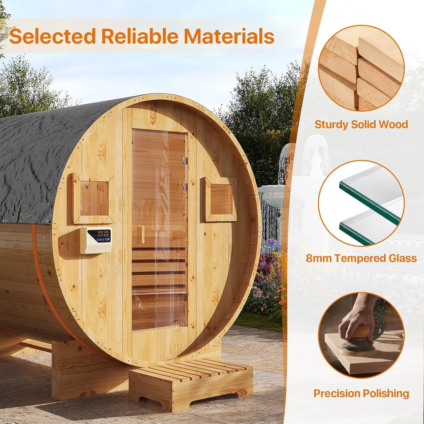 Outdoor Traditional Barrel Sauna | 4-6 Person Wood Sauna, Steam and Wet Sauna with 220V with 6KW Electric Heater, Sauna Stone