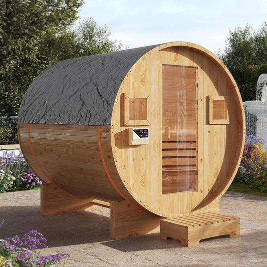 Outdoor Traditional Barrel Sauna | 4-6 Person Wood Sauna, Steam and Wet Sauna with 220V with 6KW Electric Heater, Sauna Stone