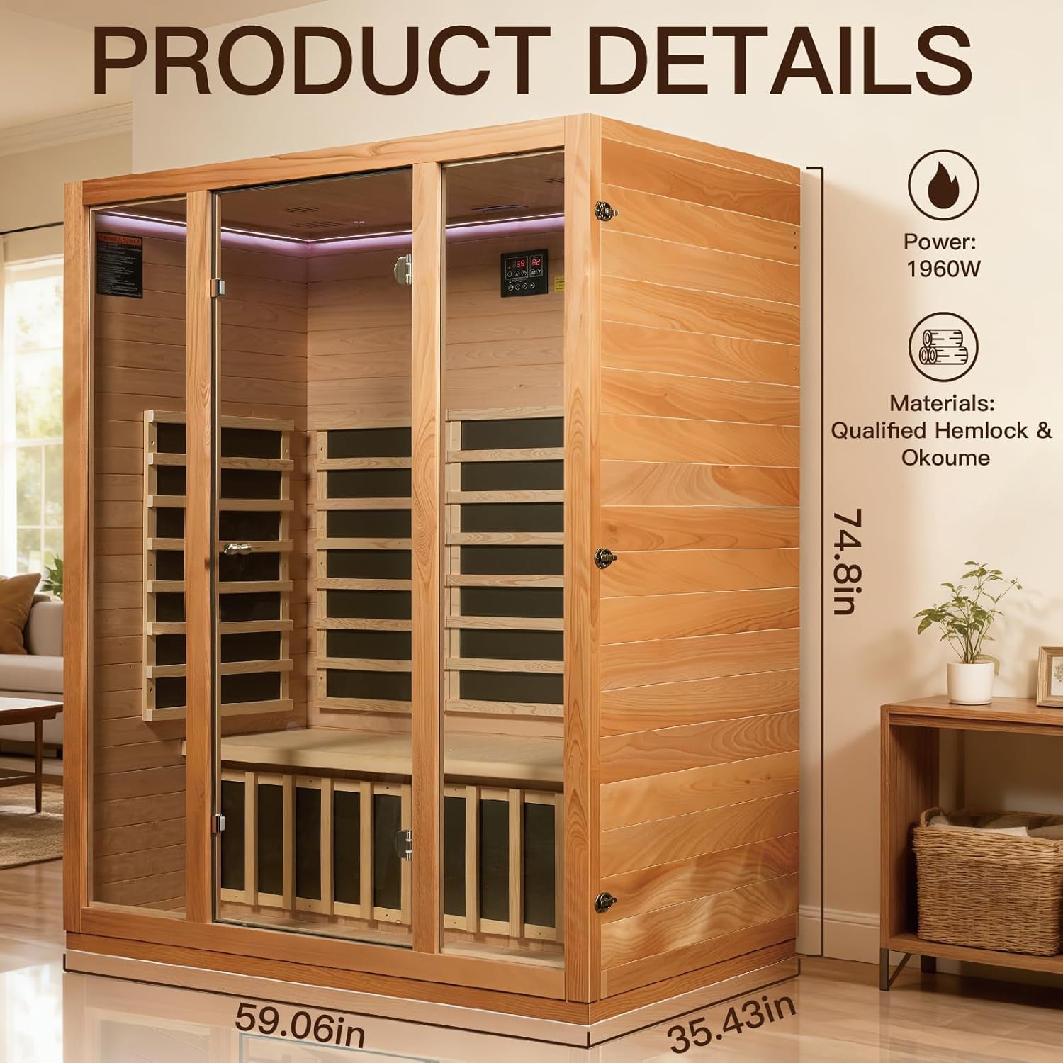 3 Person Far Infrared Sauna for Home, Hemlock Wood, Chromotherapy Lights | Low EMF Infrared Heating, HI-FI Speaker, Reading Light, Ventilation System, Designed for Apartment Wellness