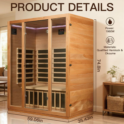3 Person Far Infrared Sauna for Home, Hemlock Wood, Chromotherapy Lights | Low EMF Infrared Heating, HI-FI Speaker, Reading Light, Ventilation System, Designed for Apartment Wellness