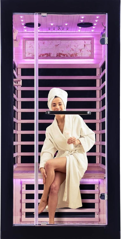 HOSUANA 1-Person 1450W Far Infrared Sauna, Canadian Hemlock Wood Indoor Steam Room with 7 Heaters, 35.5" X 35.5" X 70.9"
