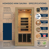 Home Sauna, 32.3"W X 27.2"D X 59"H Canadian Hemlock Wood Far Infrared, 1-Person Mini Home Sauna– 140°F Max, with Bluetooth, Digital Controller, Tempered Glass for Home Relaxation,Home Gym Gift