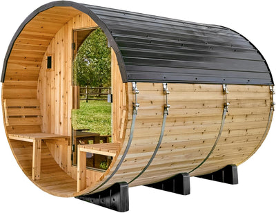 Backyard Discovery Paxton 4-6 Person Traditional Cedar Outdoor Barrel Sauna with Electric Sauna Heater, Front Porch, Sauna Rocks, Dry Heat, Steam Sauna, LED Lights, Wi-Fi Panel, Sauna Accessories
