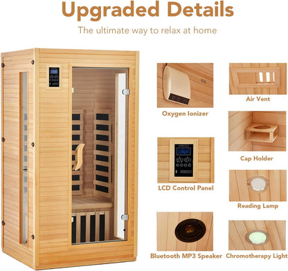 2024 Upgrade 1 to 2 Person Sauna, 6 Heating Plate Infrared Physical Therapy Wooden Dry Steam Sauna, Low EMF, MP3 Auxiliary Connection, Dual Controls inside and outside Fits, Home Spa Day Use