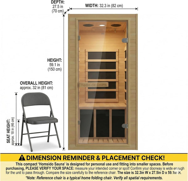 Home Sauna, 32.3"W X 27.2"D X 59"H Canadian Hemlock Wood Far Infrared, 1-Person Mini Home Sauna– 140°F Max, with Bluetooth, Digital Controller, Tempered Glass for Home Relaxation,Home Gym Gift