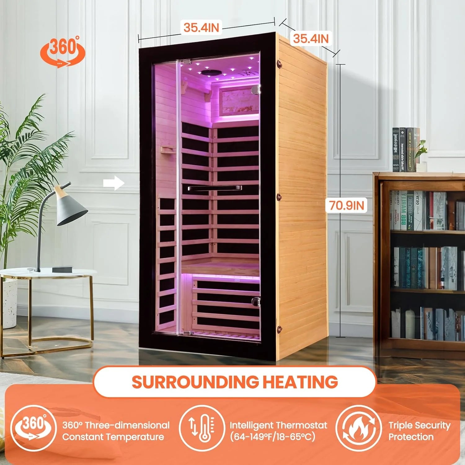 HOSUANA 1-Person 1450W Far Infrared Sauna, Canadian Hemlock Wood Indoor Steam Room with 7 Heaters, 35.5" X 35.5" X 70.9"