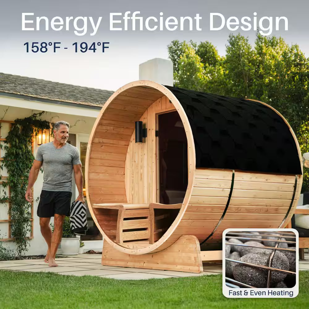 4-Person Electric Heater Outdoor Cedar Barrel Steam Sauna Front Porch Canopy - ETL Certified