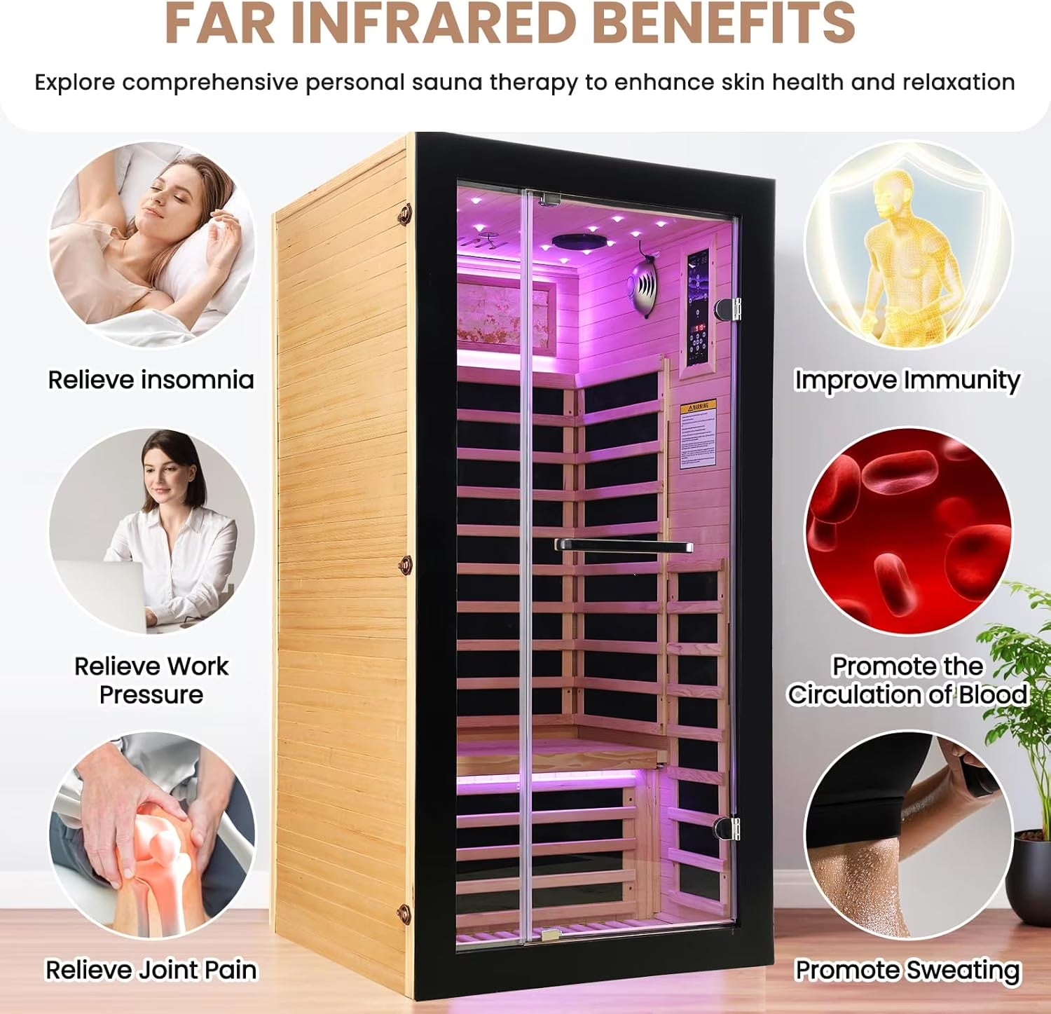 HOSUANA 1-Person 1450W Far Infrared Sauna, Canadian Hemlock Wood Indoor Steam Room with 7 Heaters, 35.5" X 35.5" X 70.9"