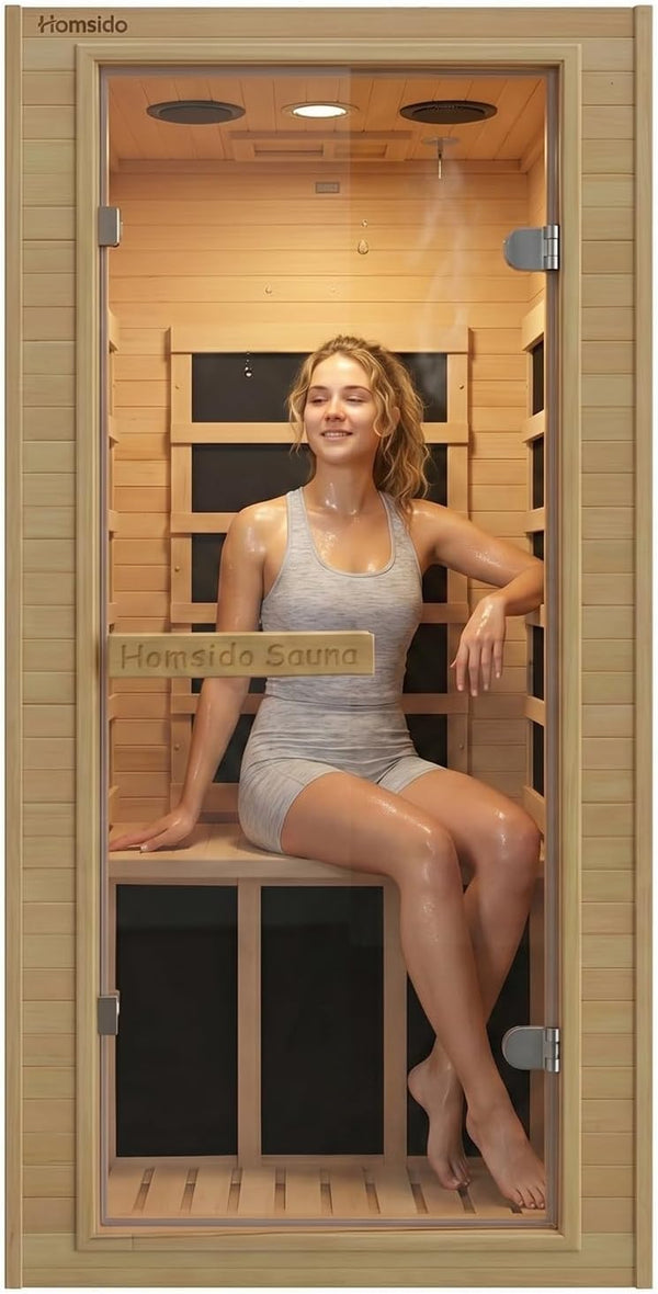 Home Sauna, 32.3"W X 27.2"D X 59"H Canadian Hemlock Wood Far Infrared, 1-Person Mini Home Sauna– 140°F Max, with Bluetooth, Digital Controller, Tempered Glass for Home Relaxation,Home Gym Gift
